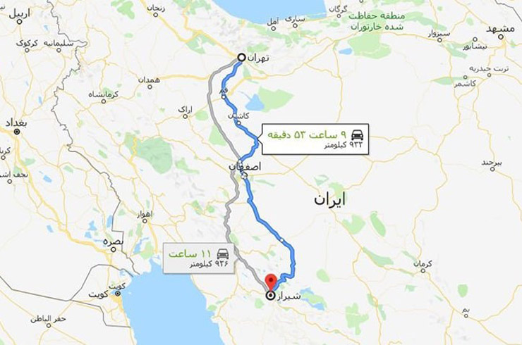 فاصله تهران تا شیراز با اتوبوس